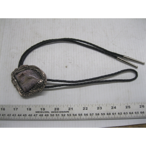 NAVAJO BOLO TIE W/MAUVE STONE, STAMPED STERLING