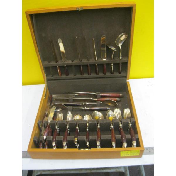 BRASS & WOOD HANDLED CASED CUTLERY SET