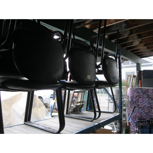 6 UPHOLSTERED METAL FRAMED BLACK ARMCHAIRS