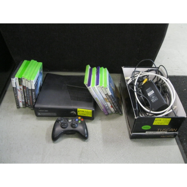 XBOX 360 W/CONTROLLERS, POWER SUPPLY & GAMES