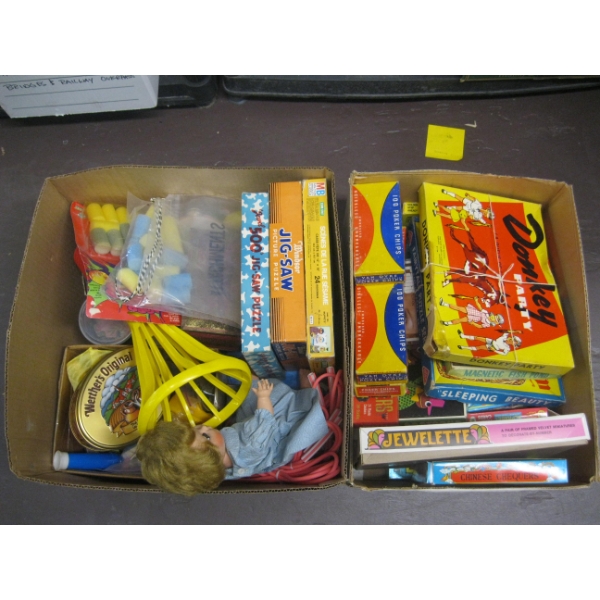 2 BOXES OF MISC. PUZZLES, GAMES, DOLLS, ETC.