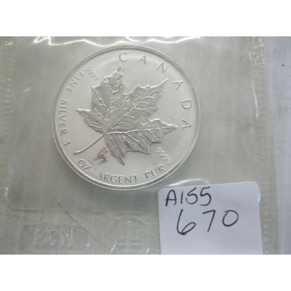 CDN 1 OZ .999 SILVER  MAPLE LEAF COIN, (TAX EXEMPT)