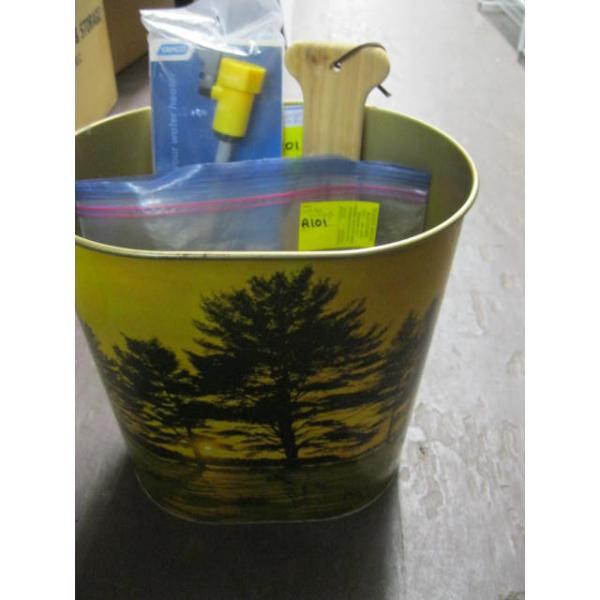DECORATIVE GARBAGE CAN W/GRILL CLEANER, TANK RINSER & ASST. LOCKS W/KEYS