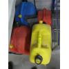 Image 2 : 4 FUEL CANS & A FUNNEL - YELLOW DIESEL CAN IS FULL