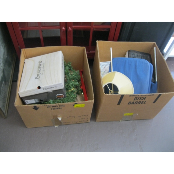 2 BOXES OF MISC. QUILT, CHRISTMAS DECORATIONS, ETC.