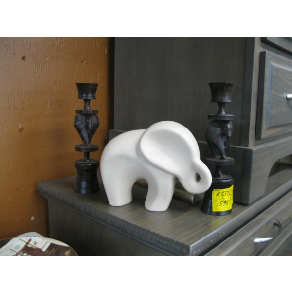 ELEPHANT FIGURINE & 2 ELEPHANT CANDLEHOLDERS W/CANDLES