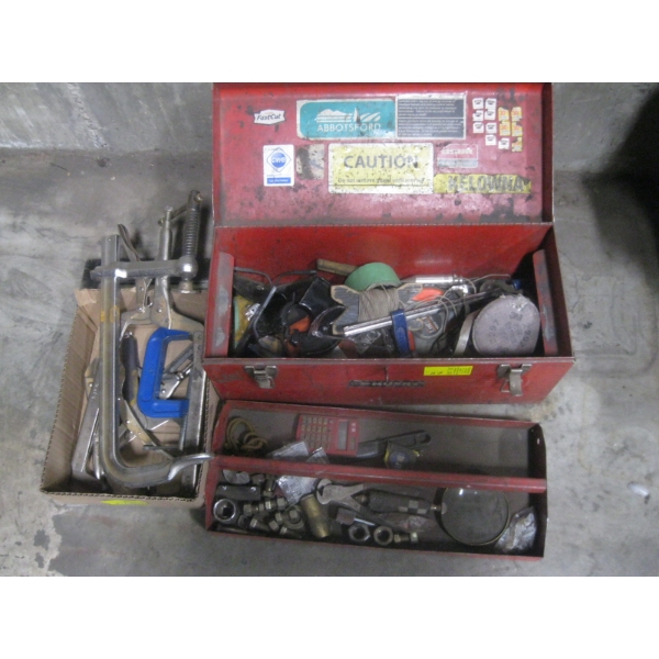 TOOLBOX W/MISC. TOOLS, CLAMPS, ETC.