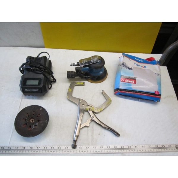 MISC. BATTERY CHARGER, AIR SANDER, VISE GRIPS, ETC.