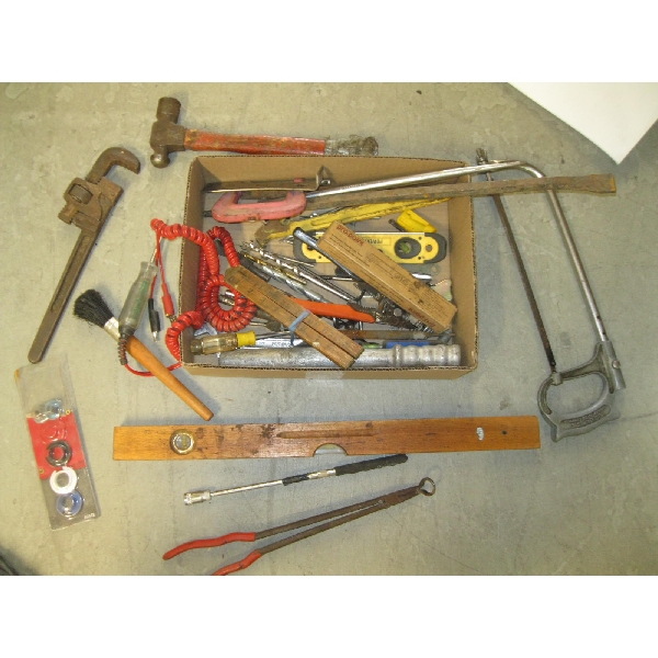 MISC. VINTAGE RULER & LEVEL, PIPE WRENCHES, HAMMERS, ETC.