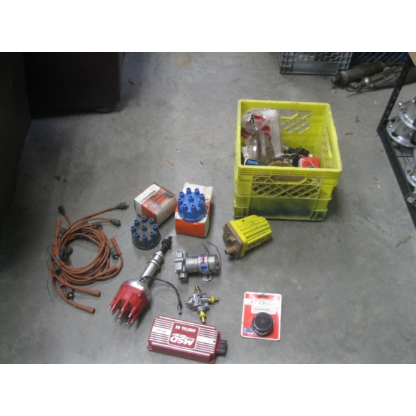 BIN W/MISC. DISTRIBUTOR CAPS, WIRES, ETC.