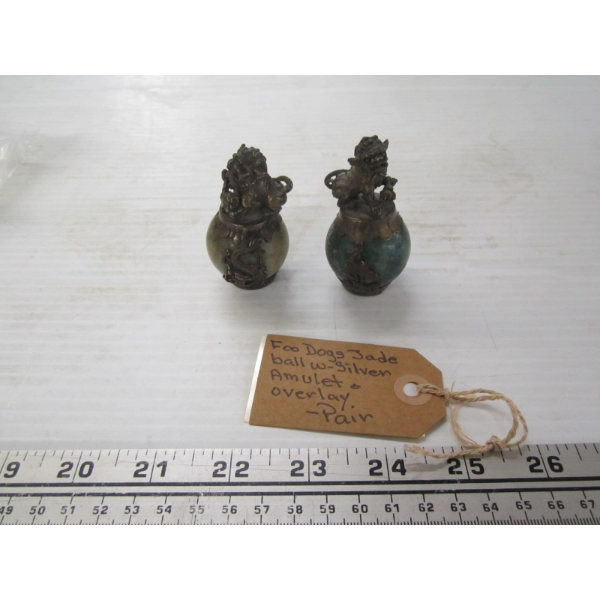 PAIR OF FOO DOGS JADE BALL W/SILVER AMULET & OVERLAY