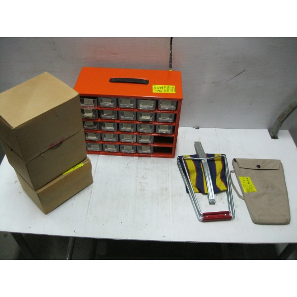 3 VINTAGE GAS MASKS - 2 - L & 1 - M, FOLDING STOOL & STORAGE BIN W/CONTENTS