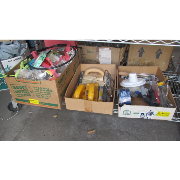 3 BOXES OF MISC. SANDING BLOCKS, ROLLERS, PAINTING SUPPLIES, PEGBOARD HOOKS, ETC.