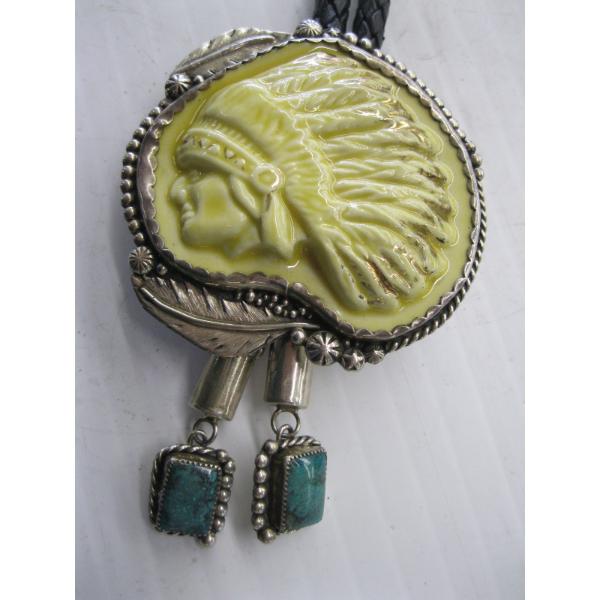 SILVER W/WHITE NATIVE DRESS NAVAJO BOLO TIE & TURQUOISE ENDS