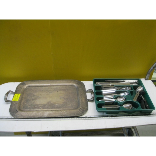 TRAY OF SILVERWARE & A PLATTER