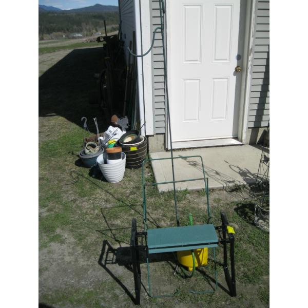MISC. GARDENING BENCH, SPRAYER, BAG HOLDER, ETC.