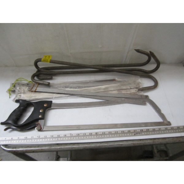 3 MEAT HOOKS & MEAT SAW W/ASST. NEW BLADES
