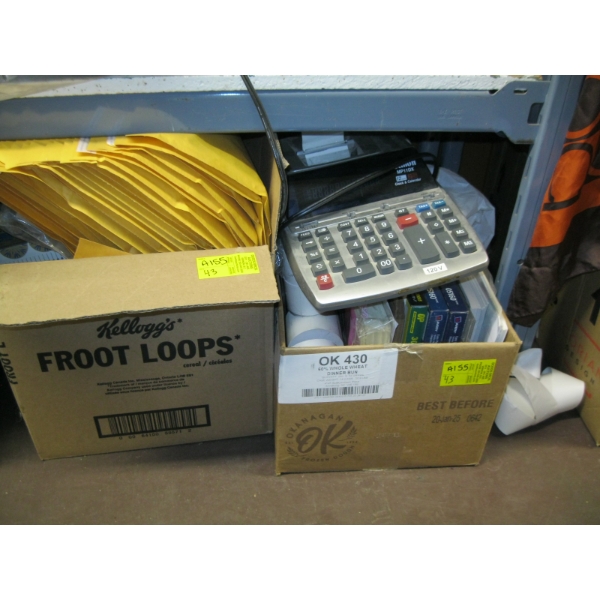 2 BOXES OF ASST. OFFICE SUPPLIES: ADDING MACHINE, PADDED ENVELOPES, ETC.