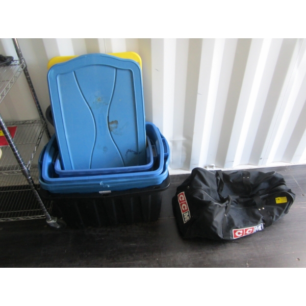 PLASTIC STORAGE BAG, BINS & A HOCKEY BAG
