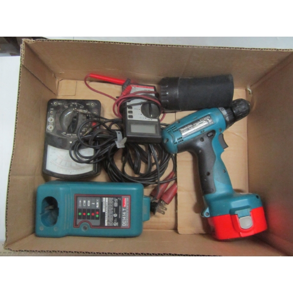BOX OF MISC. ELECTRIC DRILL, VOLT METERS, ETC.