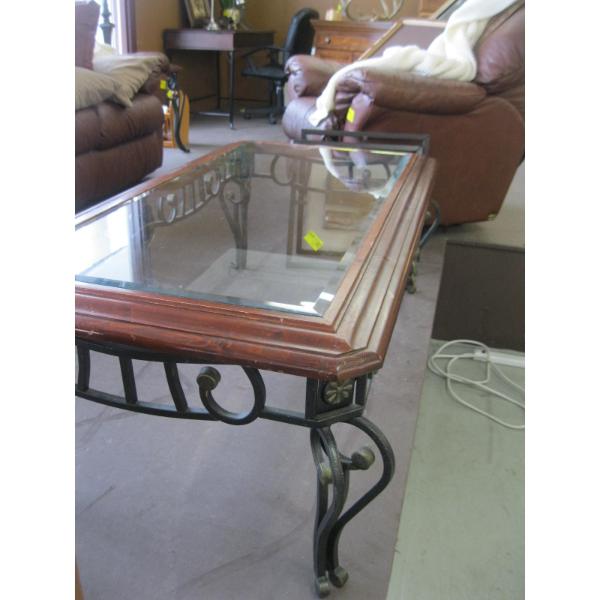 GLASS TOP WOOD FRAMED WROUGHT IRON BASE COFFEE/END TABLE SET