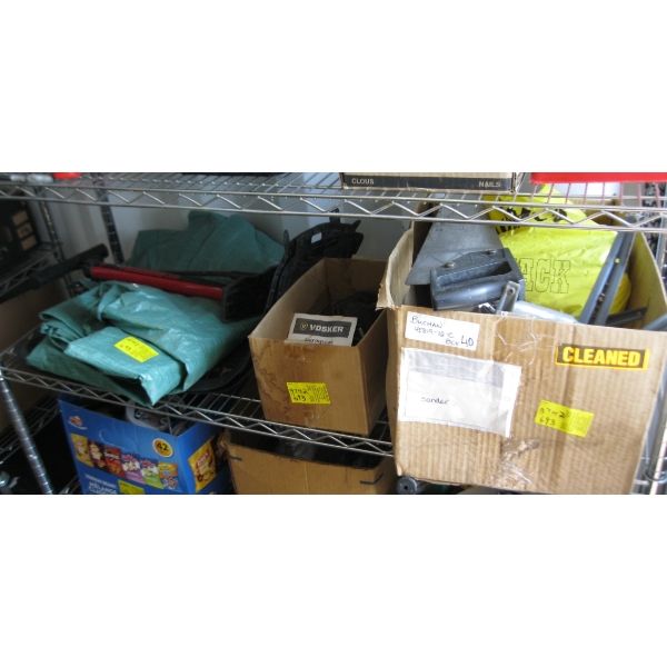 2 BOXES MISC. TOOLS, BRACKETS, TARP, FLOOR MATS, ETC.