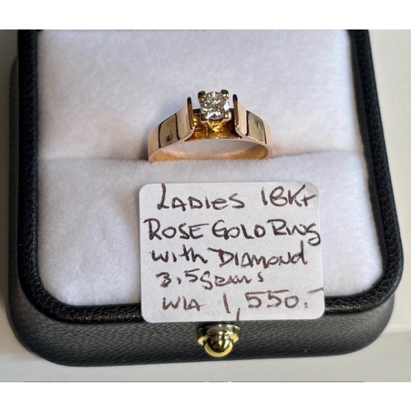 LADIES 18KT ROSE GOLD RING W/DIAMOND, 3.5G W/A $1550, SZ 6