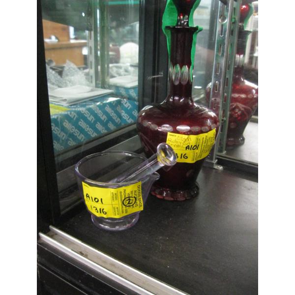 CZECH RUBY CUT CRYSTAL VASE & SM. GLASS MORTAR & PESTLE