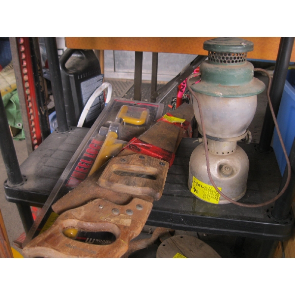 STEERING WHEEL LOCK, HANDSAWS & COLEMAN LANTERN