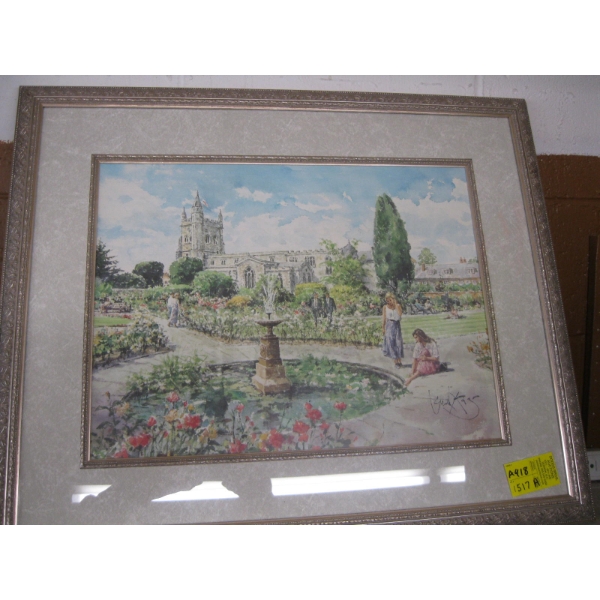 FRAMED PRINT OF LADIES BY FOUNTAIN