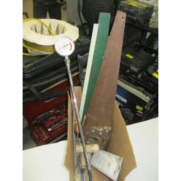 BOX OF ASST. SAWS, TROWEL, ETC.