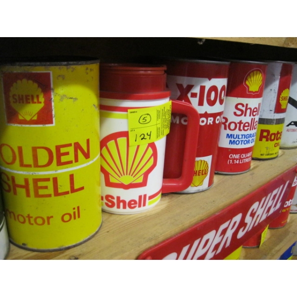 4 SHELL OIL TINS & A SHELL MUG