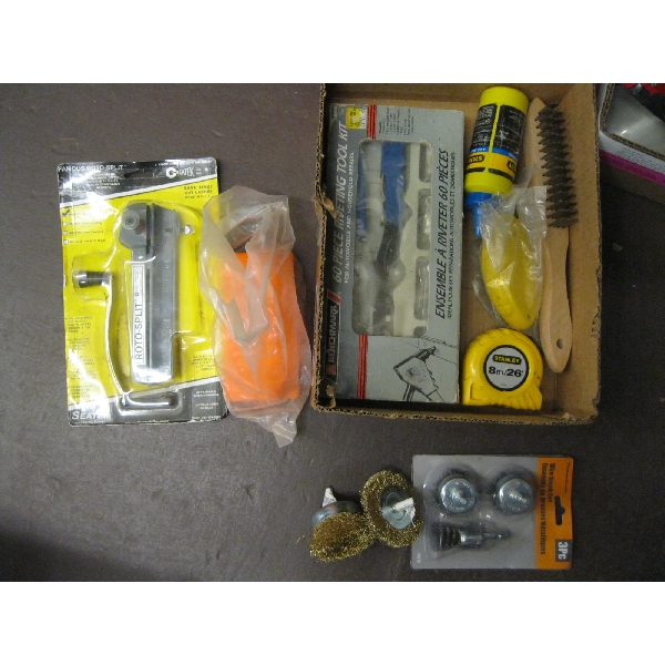 MISC. POP RIVET GUN, TAPE MEASURE, CHALKLINE, ETC.
