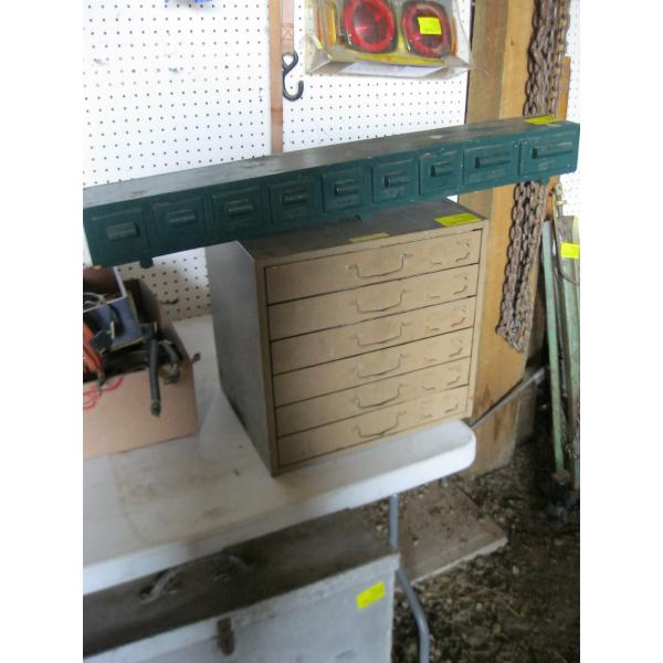 6 DRAWER PARTS BIN W/CONTENTS & SM. WOODEN PARTS HOLDER W/CONTENTS
