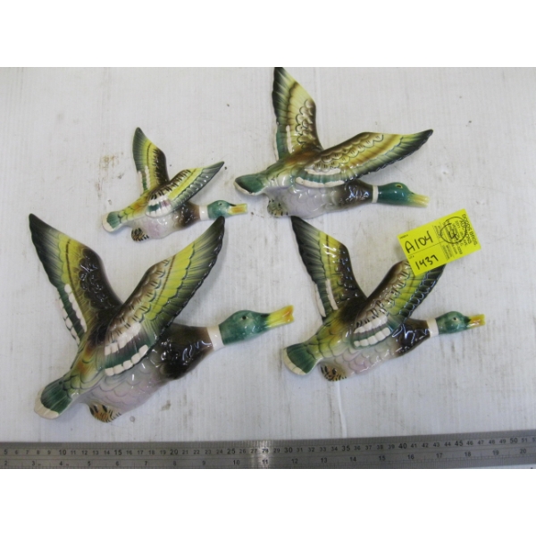 SET OF 4 HAND PAINTED VINTAGE FLYING DUCKS