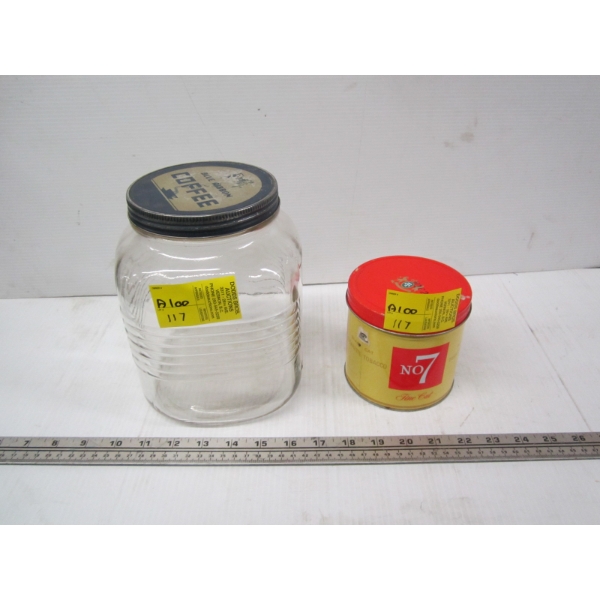 TOBACCO TIN & GLASS LIDDED JAR