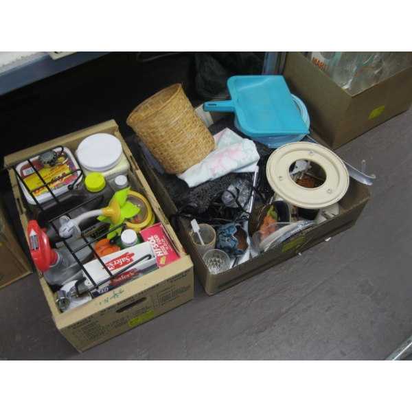 2 BOXES OF MISC. CLEANERS, CLOCK, POTTERY, ETC.