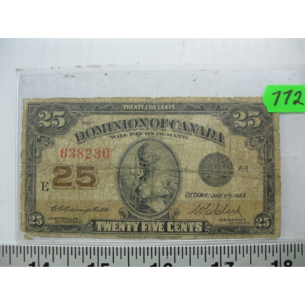 1923 DOMINION OF CANADA CDN SHINPLASTER 25 CENT BILL