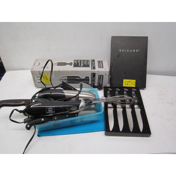 COMMERCIAL QUICK STICK BLENDER W/ELECTRIC KNIFE, ETC.