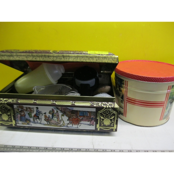 TIN W/ASST. ITEMS - JUICER, COLLECTOR PLATES, PICTURES, SPEAKER, COLLECTOR TIN, ETC.