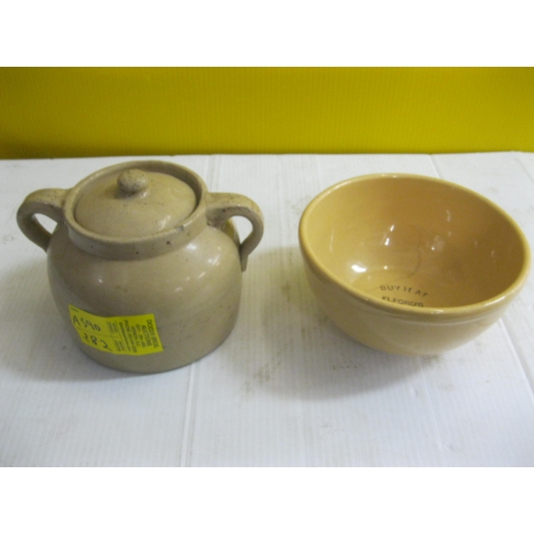 SM. LIDDED MEDALTA CROCKERY POT & A MEDALTA CROCKERY BOWL