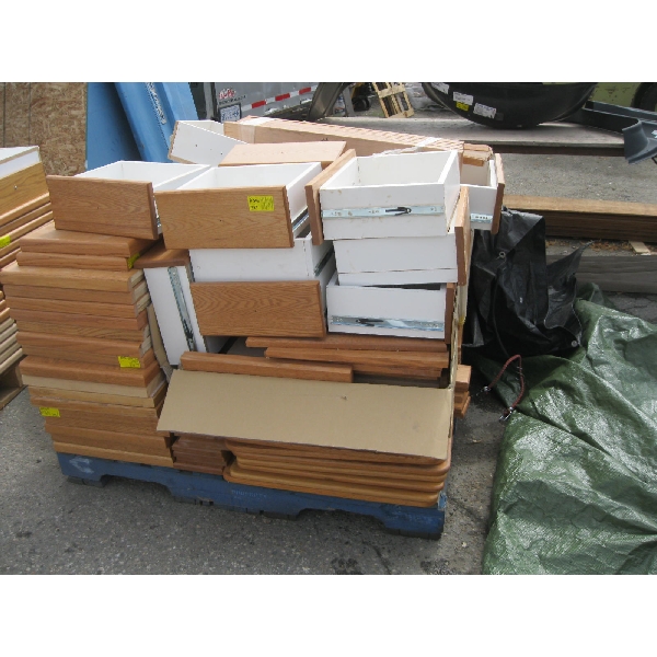 LG. PALLET LOAD OF ASST. OAK END TABLE TOPS, DRAWERS, ETC.