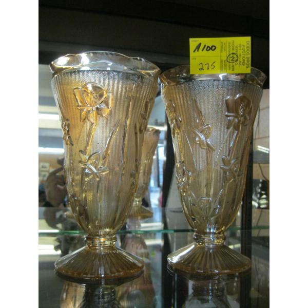 PAIR OF VINTAGE JEANNETTE 9" MARIGOLD CARNIVAL GLASS VASES