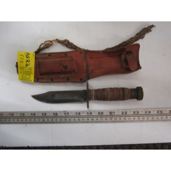 LEATHER HANDLE KNIFE W/SHEATH & SHARPENING STONE