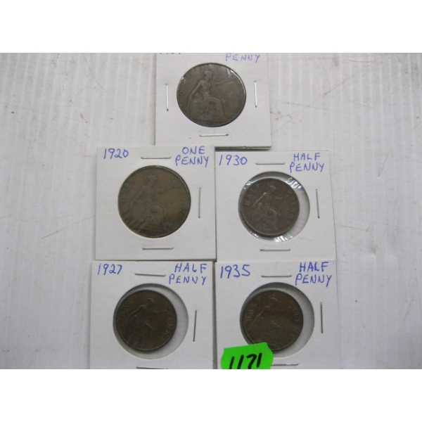 5 VINTAGE PENNIES