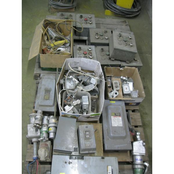 2 PALLETS OF ASST. ELECTRICAL SWITCHES PLUGS, BOXES, ETC.