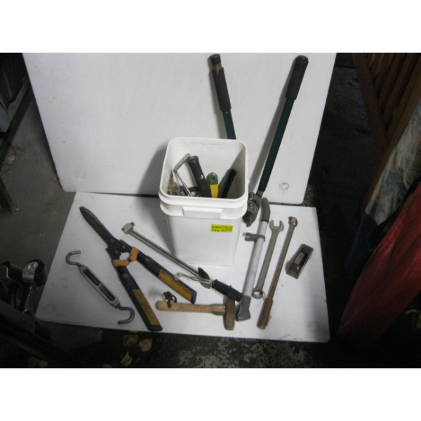 BUCKET OF MISC. GRASS CUTTERS, PRUNERS, WRENCHES, ETC.