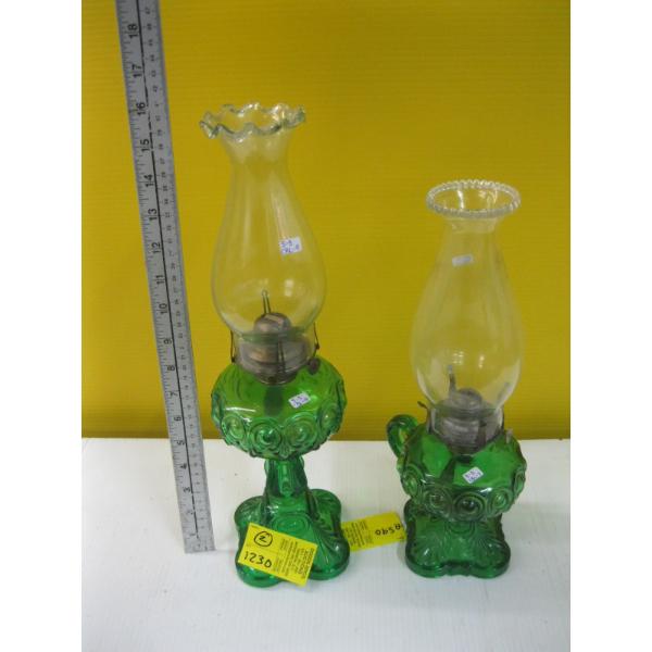 2 GREEN GLASS BASED COAL OIL LAMPS