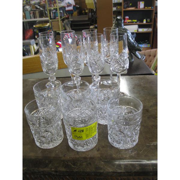 SET OF 8 TALL FLUTED WINEGLASSES & 6 CRYSTAL TUMBLERS
