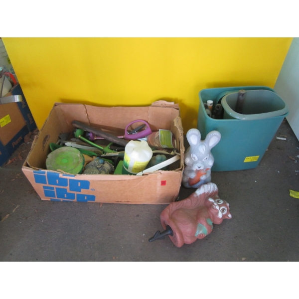 BOX OF MISC. - SPRAYERS, LAWN FIGURINES, GARDENING TOOLS, ETC.